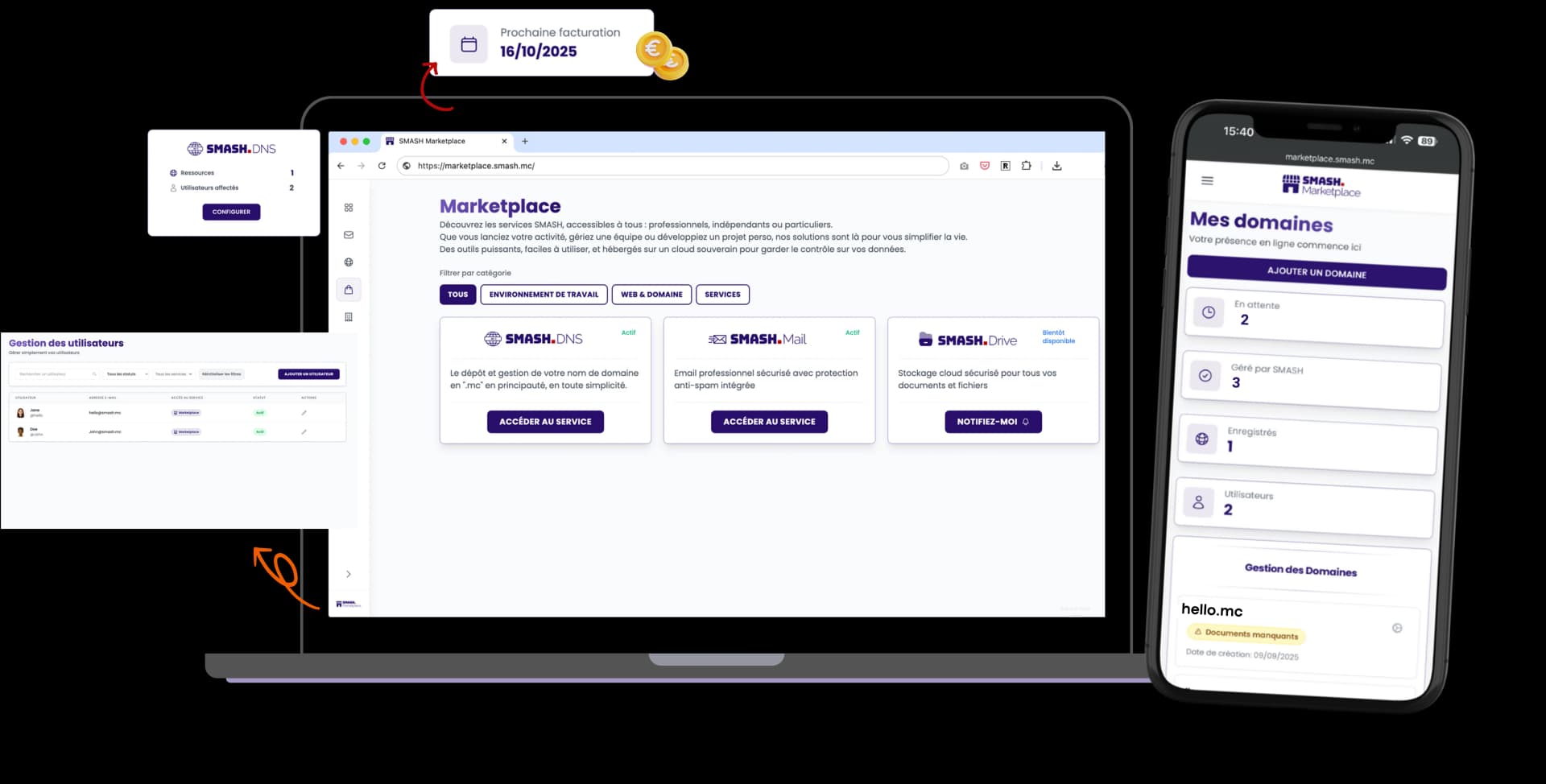 Écosystème Smash : marketplace, mail, drive et DNS sur tous les appareils